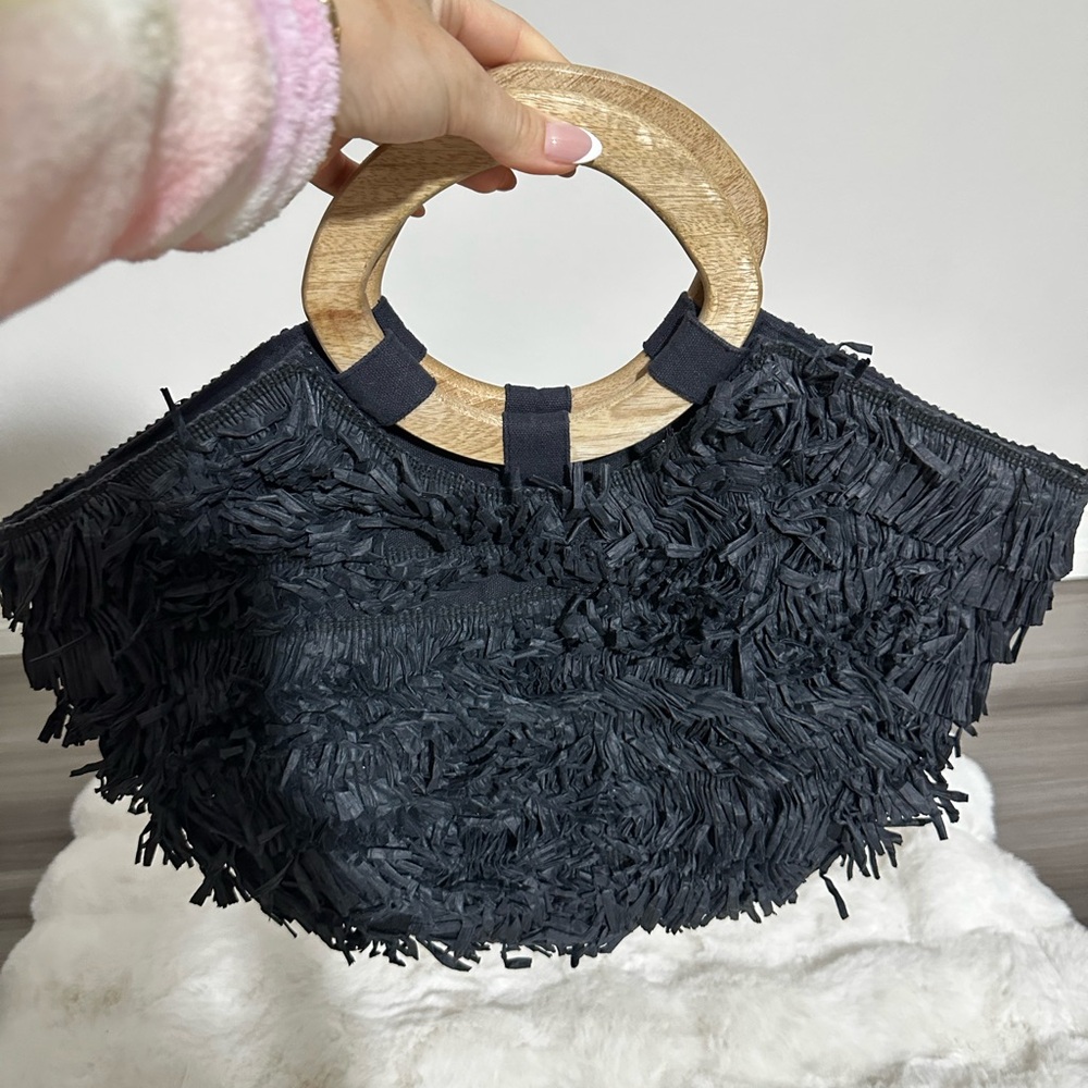 Anthropologie Black Fringe Tote Bag - Picture 4 of 7